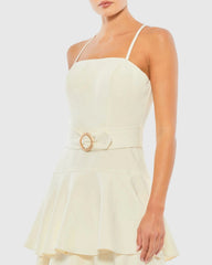 White Belted Tiered Ruffle Sleeveless Midi Dress