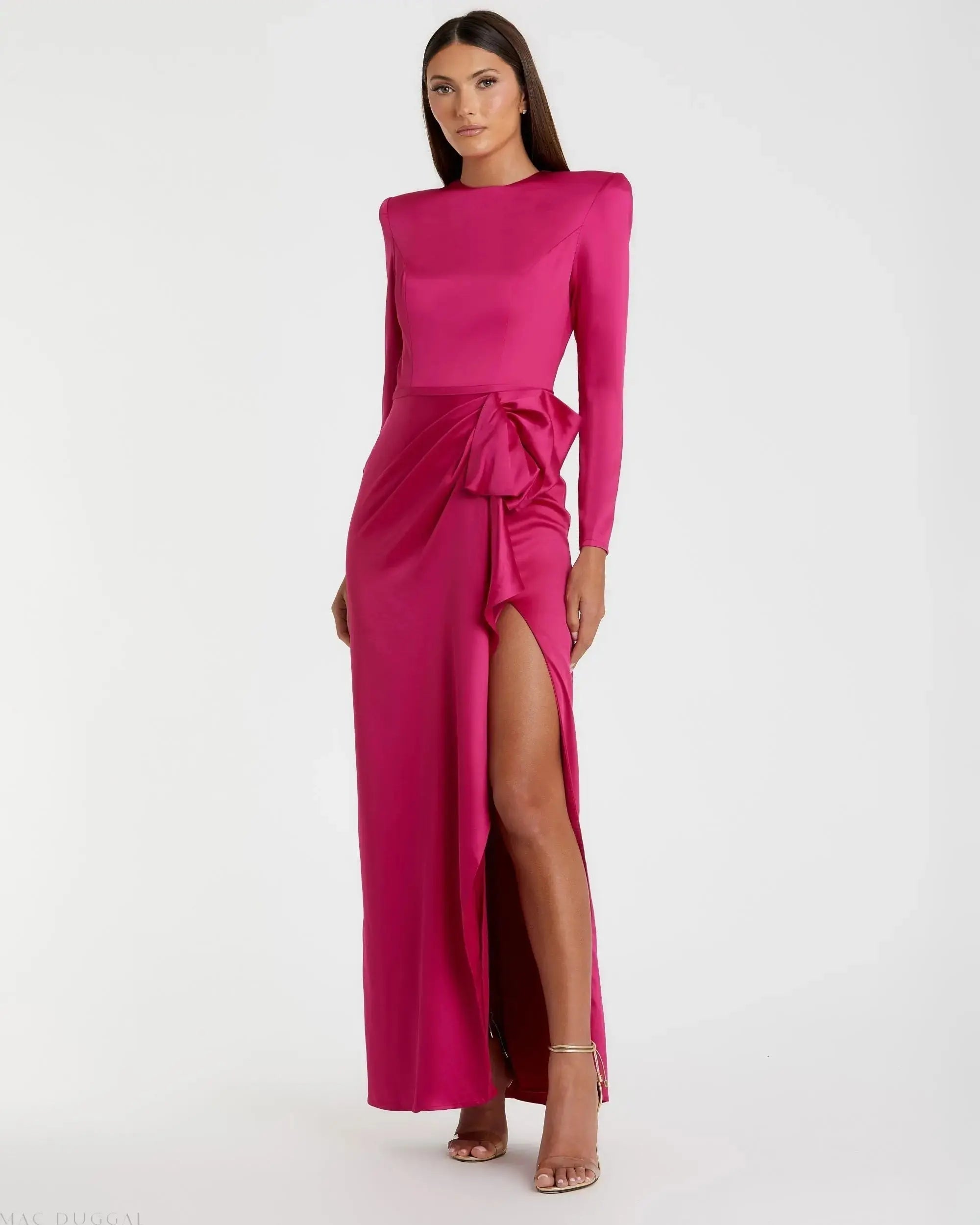 Long Sleeve Structured Satin Bow Draped Column Gown