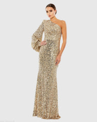 Gold Sequined One Shoulder Bishop Sleeve Trumpet Gown