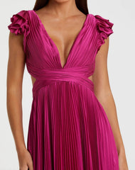 Fuchsia Pleated Ruffled Cap Sleeve Cut Out Lace Up Gown - FINAL SALE