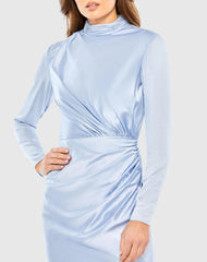 Blue Mock Neck Draped Long Sleeve Mini Dress