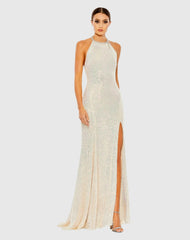 Sequined High Neck Rhinestone Trim Column Gown