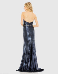 Navy Sequined Strapless Rhinestone Belt Gown - FINAL SALE