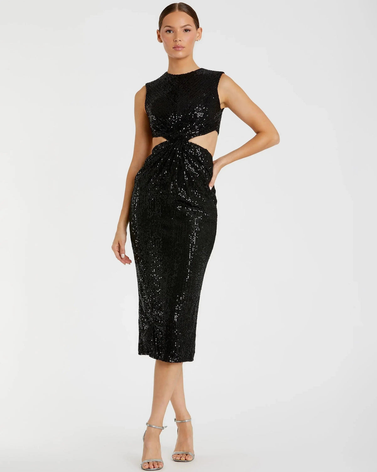 Black Sequin Front Twist Cut Out Sheath Dress
