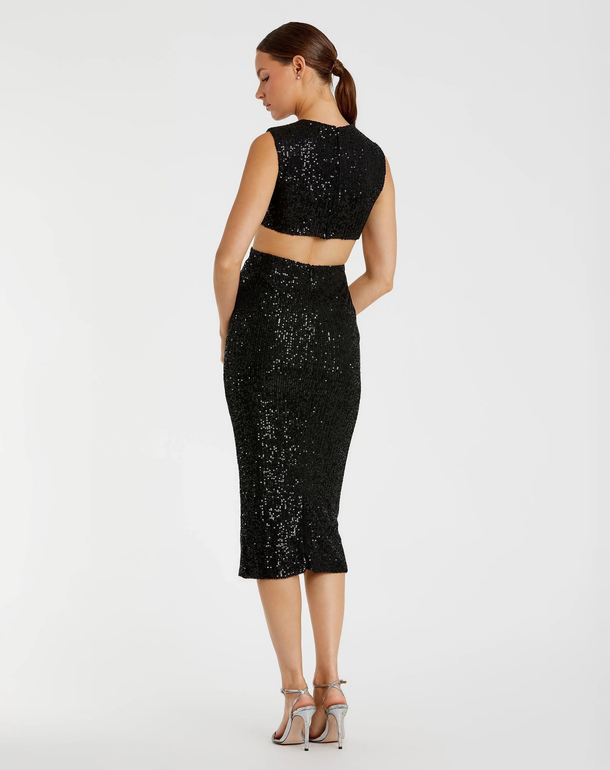 Black Sequin Front Twist Cut Out Sheath Dress