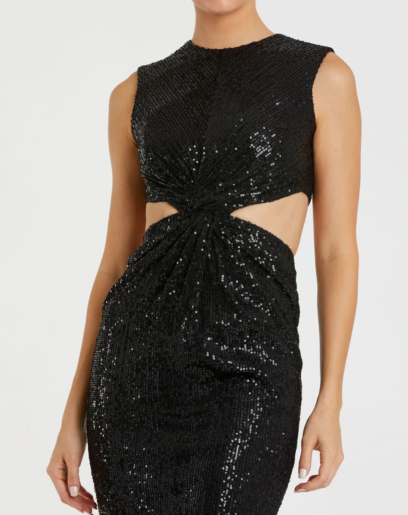 Black Sequin Front Twist Cut Out Sheath Dress