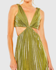 Green Pleated Metallic Cutout Gown
