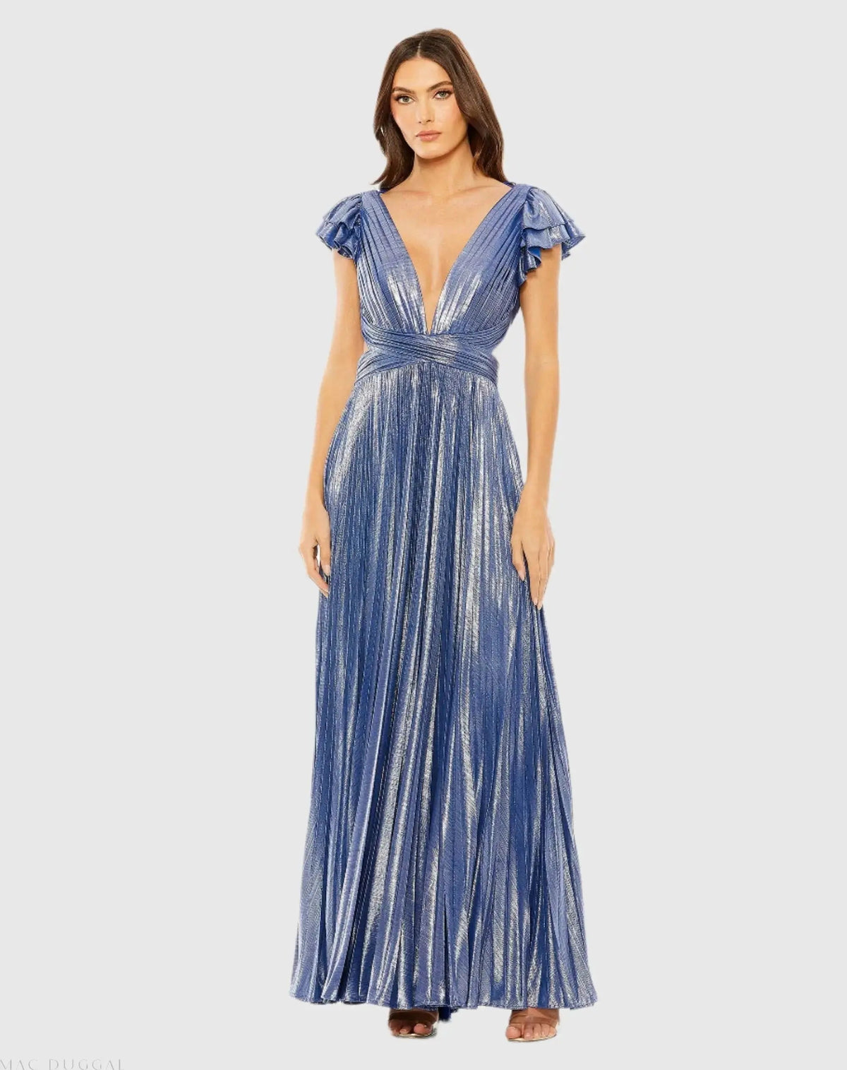 Blue Ruffle Sleeve Cutout Pleated Metallic Gown - FINAL SALE