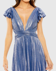 Blue Ruffle Sleeve Cutout Pleated Metallic Gown - FINAL SALE
