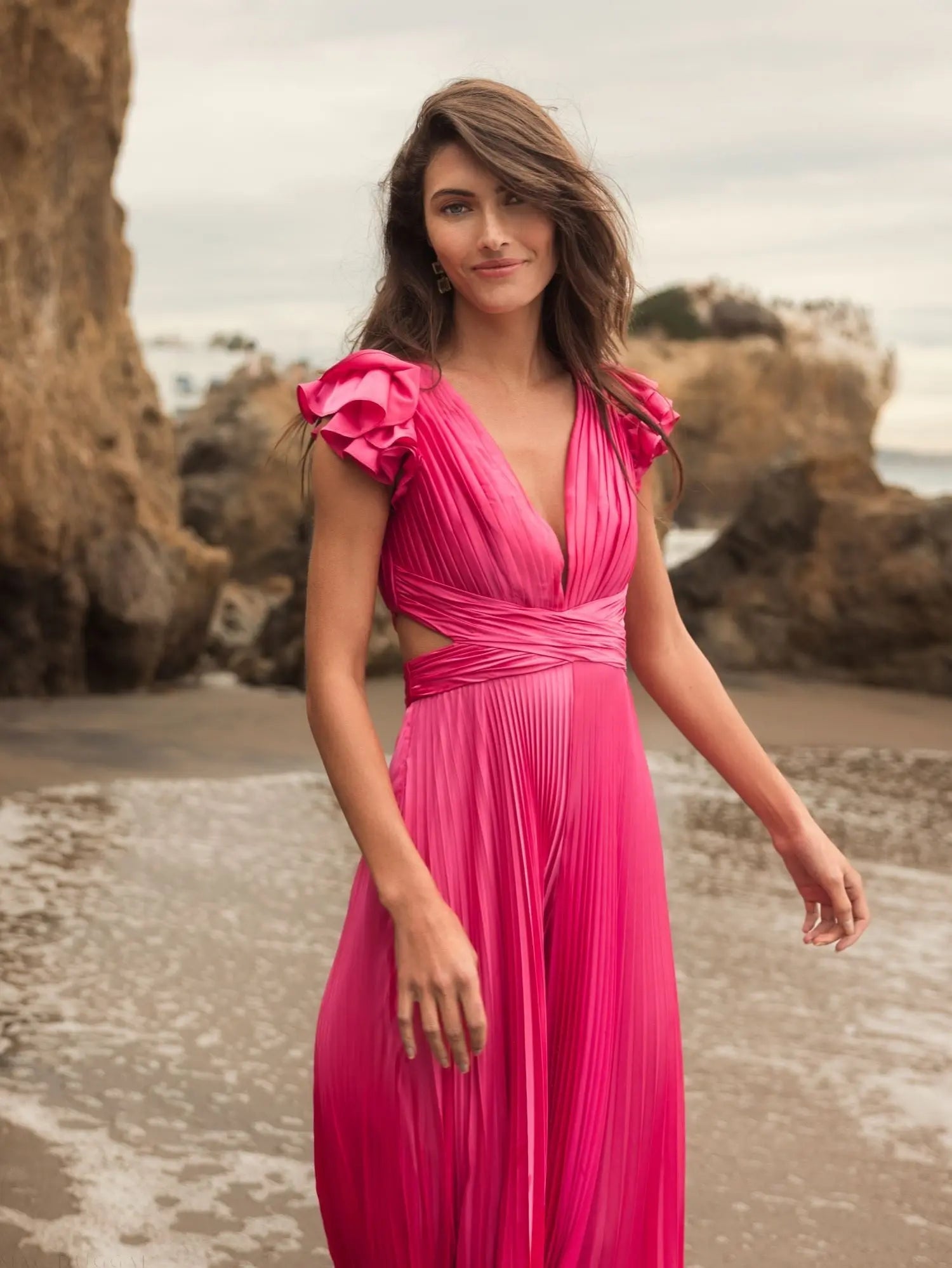 Pink Ruffle Cap Sleeve Cutout Heat Pleated Jumpsuit
