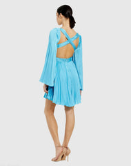 Blue Pleated V-Neck Cutout Long Sleeve Mini Dress - FINAL SALE