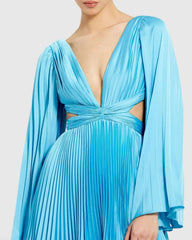 Blue Pleated V-Neck Cutout Long Sleeve Mini Dress - FINAL SALE