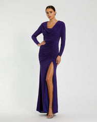 Purple Long Sleeve Cowl Neck Jersey Gown With Slit - FINAL SALE