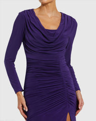 Purple Long Sleeve Cowl Neck Jersey Gown With Slit - FINAL SALE