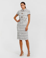 White Fitted Boucle Short Sleeve Button Up Midi Dress
