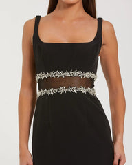Black Crepe Ruffle Hem Midi Dress With Jewel Detail