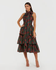 Black Floral Chiffon Tiered Midi Dress with Neck Bow