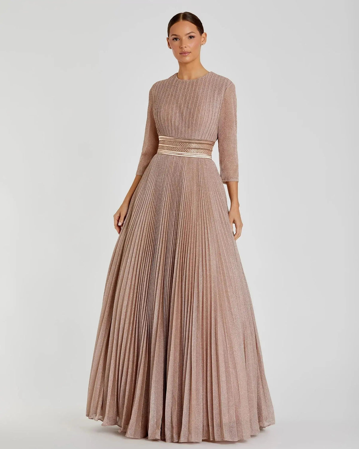 Pink Shimmering Pleated  3/4 Sleeve Ball Gown