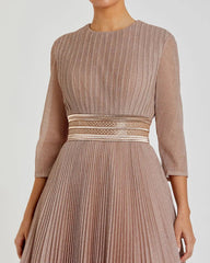 Pink Shimmering Pleated  3/4 Sleeve Ball Gown
