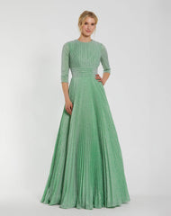 Green Pleated Shimmering 3/4 Sleeve Ball Gown