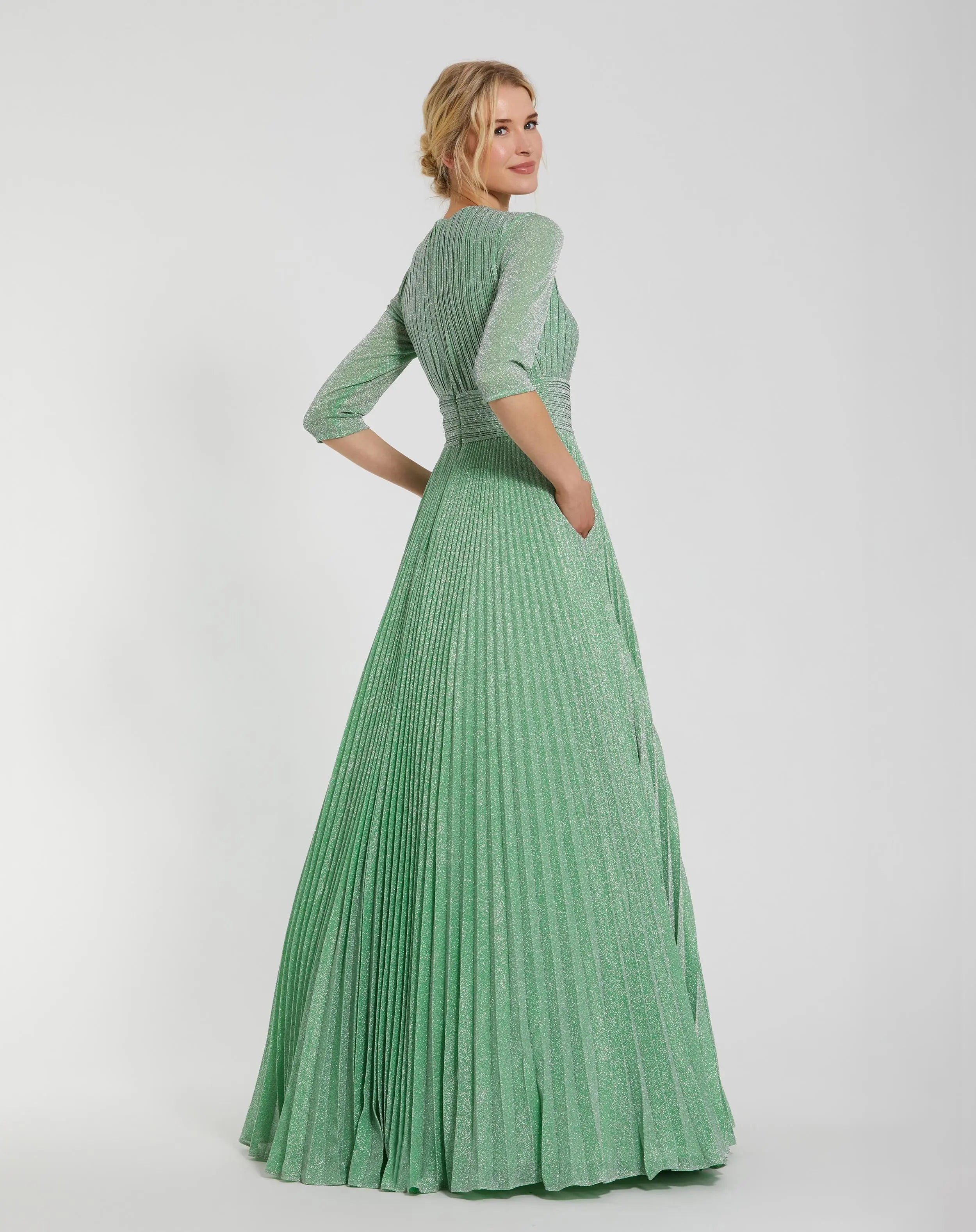 Green Pleated Shimmering 3/4 Sleeve Ball Gown