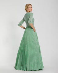 Green Pleated Shimmering 3/4 Sleeve Ball Gown