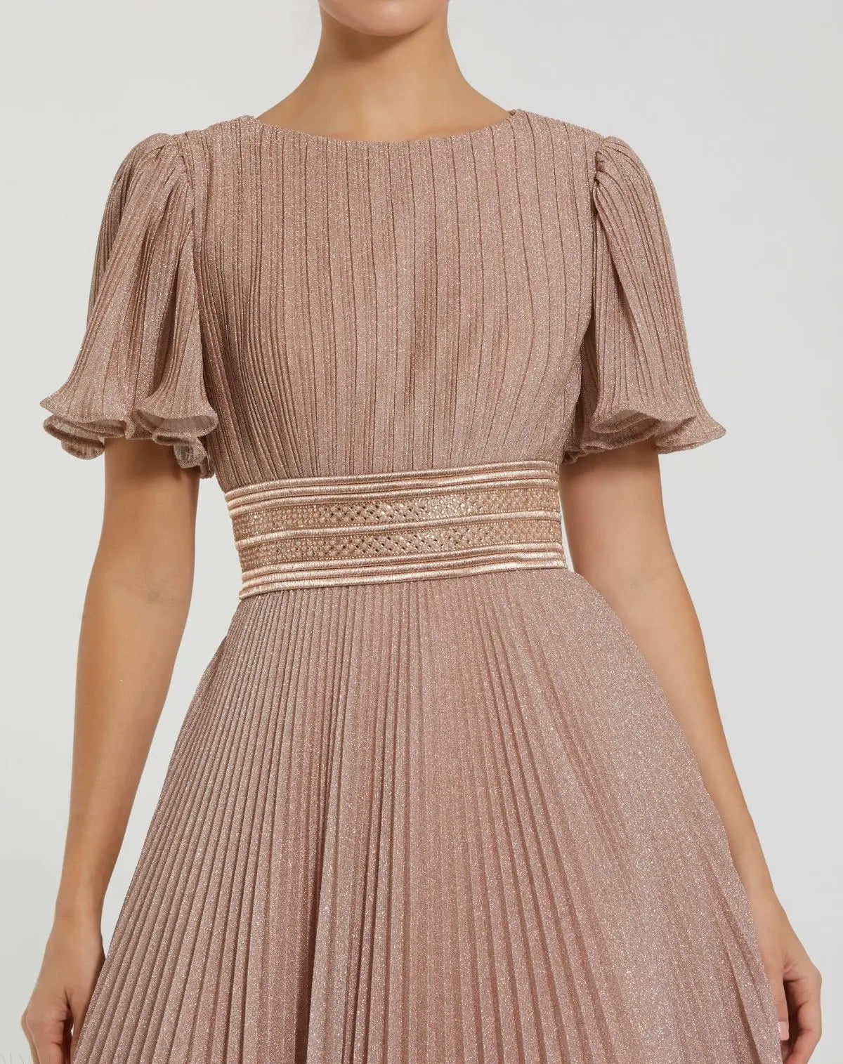 Pink Pleated Shimmering Flutter Sleeve Ball Gown