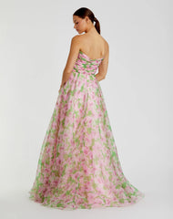 Pink Strapless Floral Chiffon Gown with Ruched Detail
