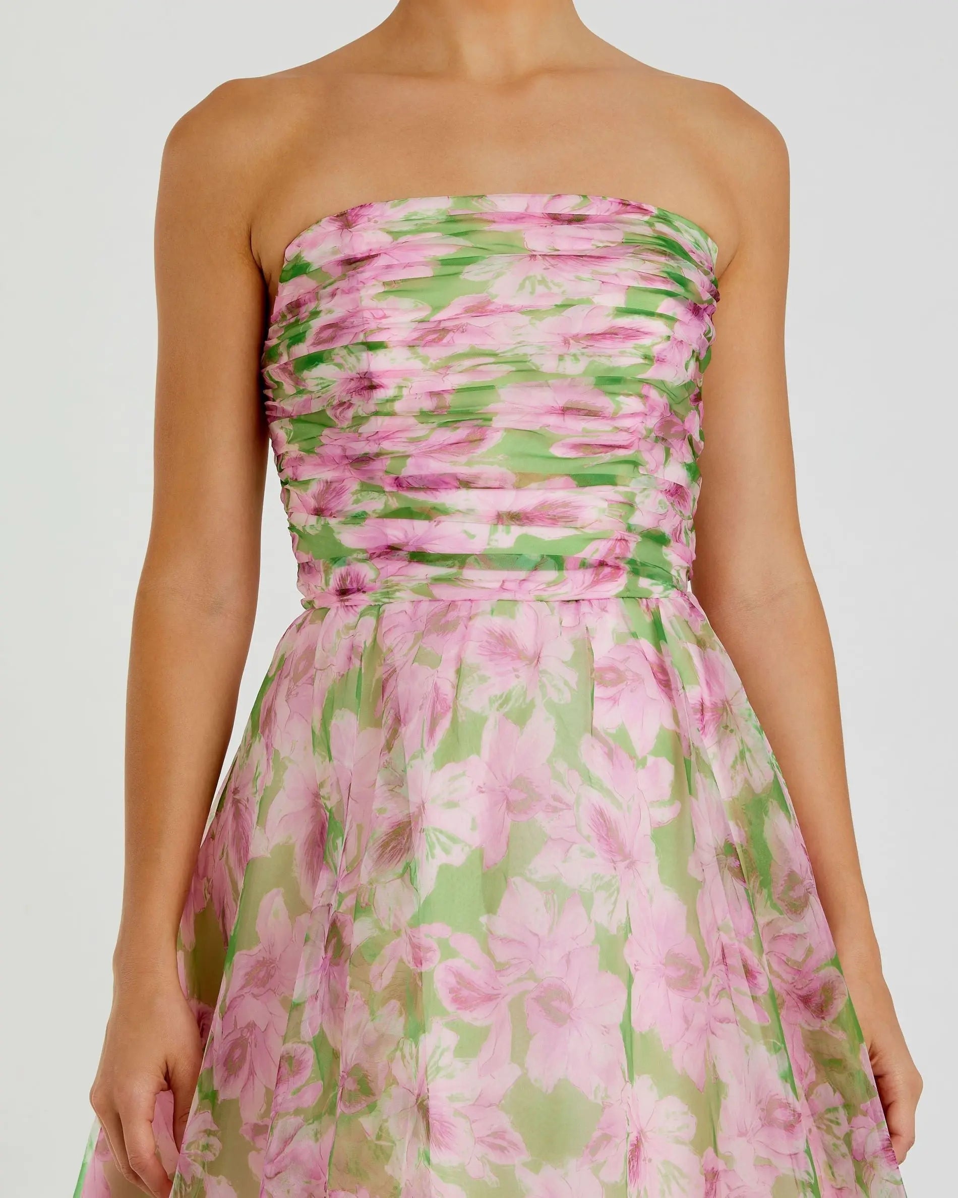 Pink Strapless Floral Chiffon Gown with Ruched Detail