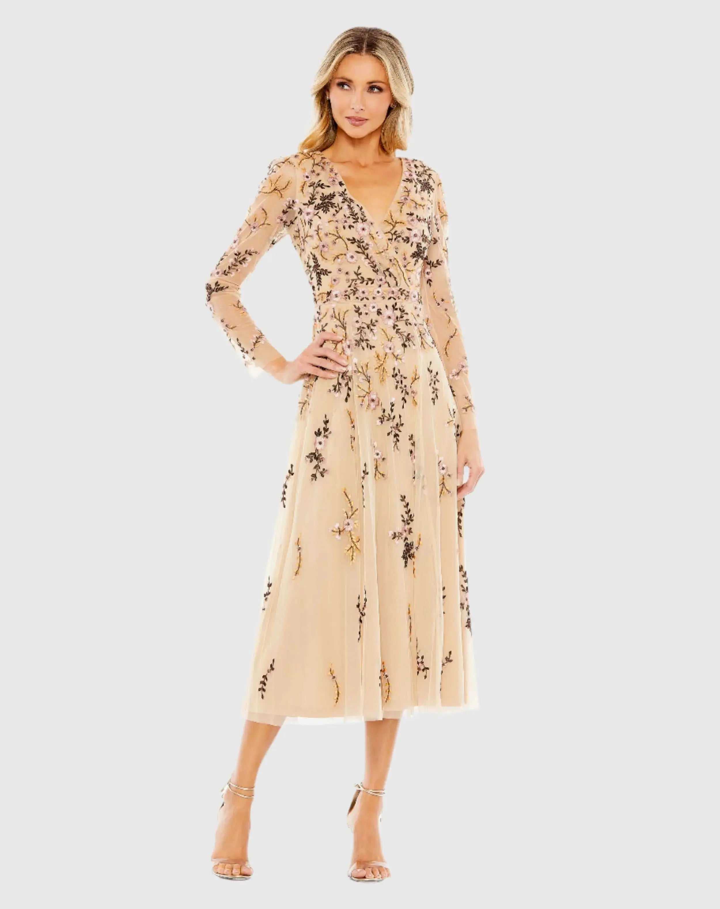 Multicolor Floral Embroidered A-Line Cocktail Dress