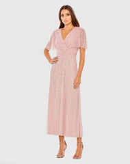 Pink Beaded Wrap Over Butterfly Sleeve Dress