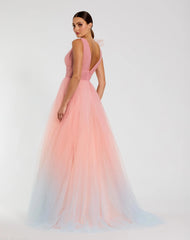 Pink Ruffle Shoulder V Neck Ombre Tulle Ball Gown
