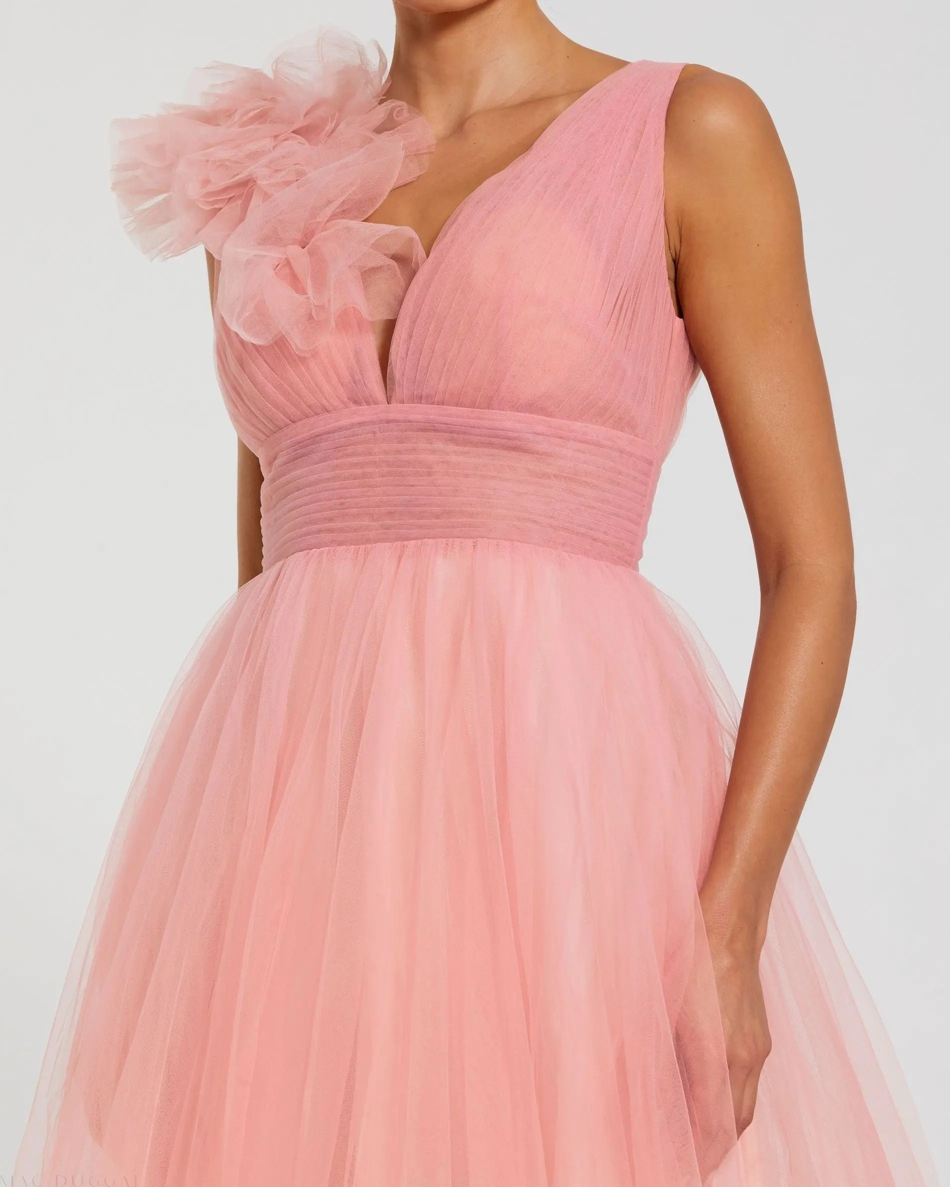 Pink Ruffle Shoulder V Neck Ombre Tulle Ball Gown