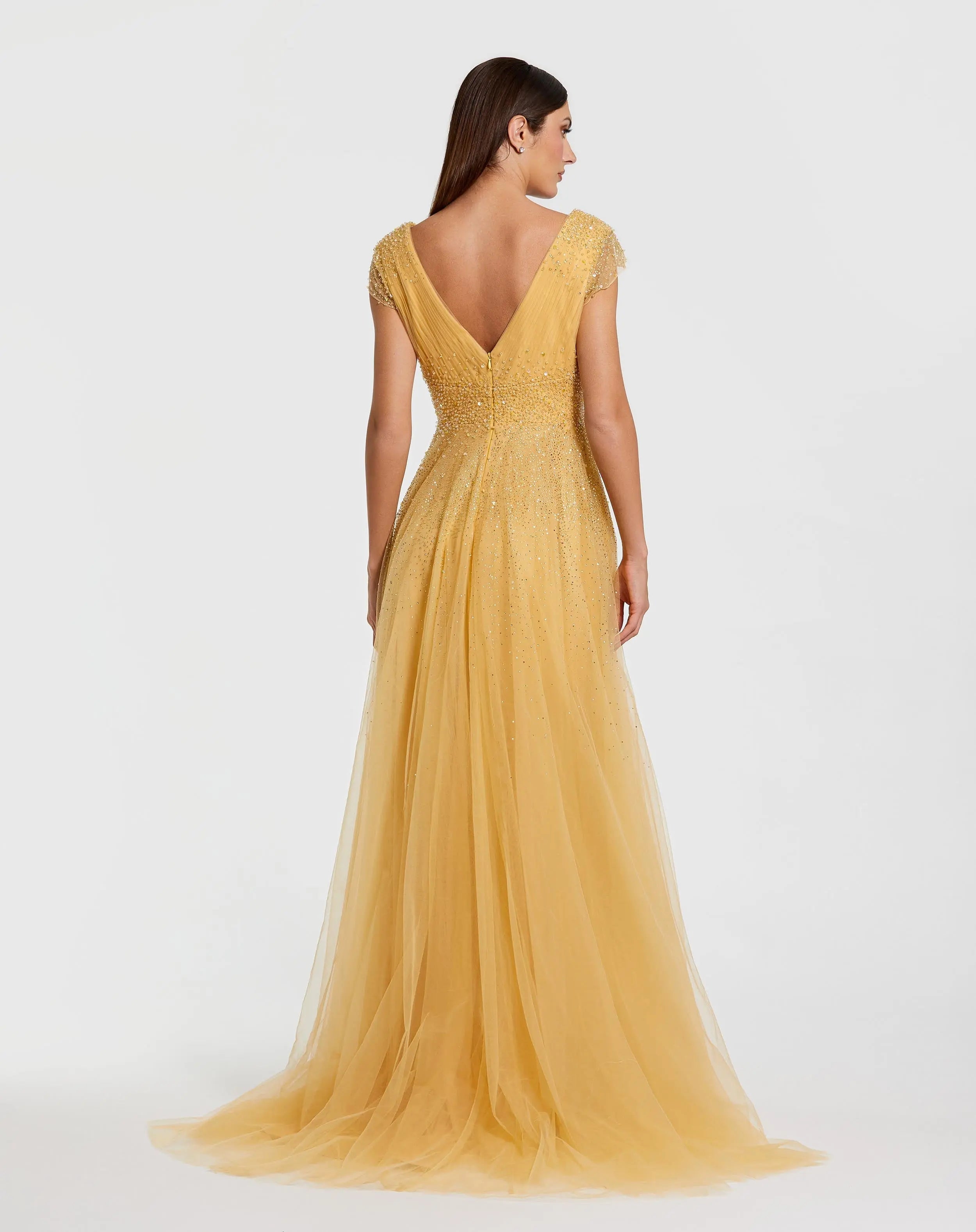 Yellow Embellished Cap Sleeve V Neck Tulle Gown