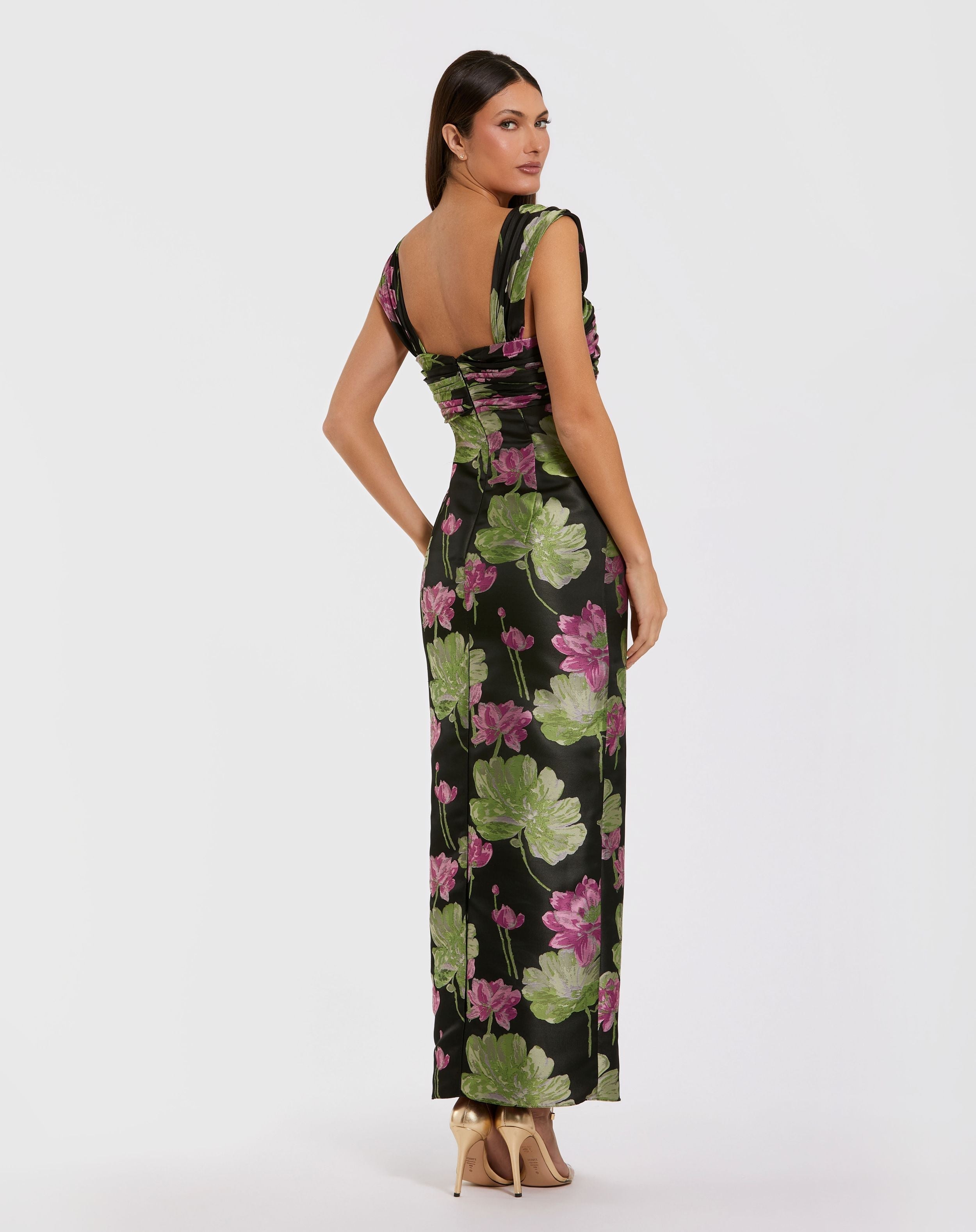Black Brocade Wide Strap Ankle Length Dress With Ruffle