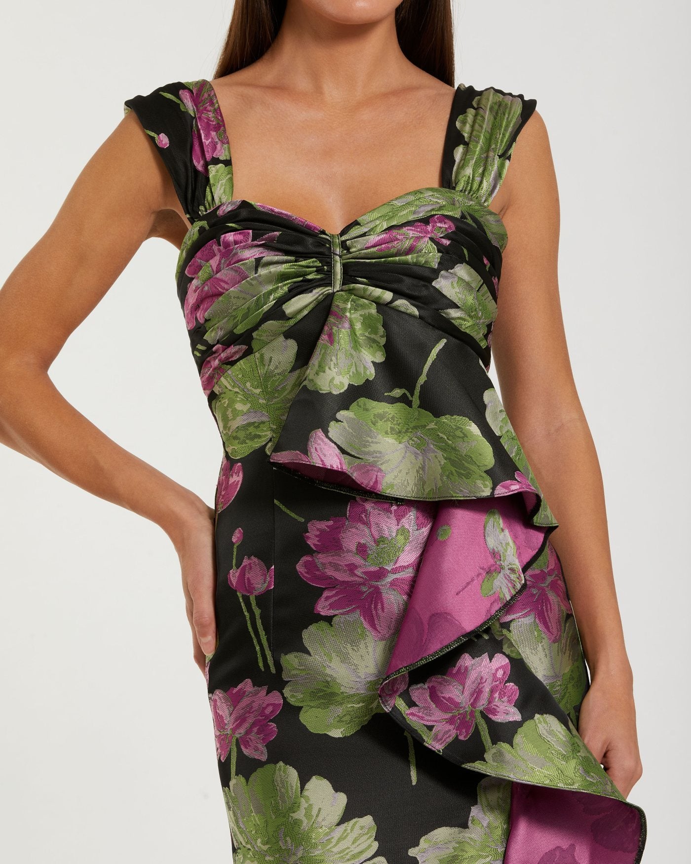 Black Brocade Wide Strap Ankle Length Dress With Ruffle