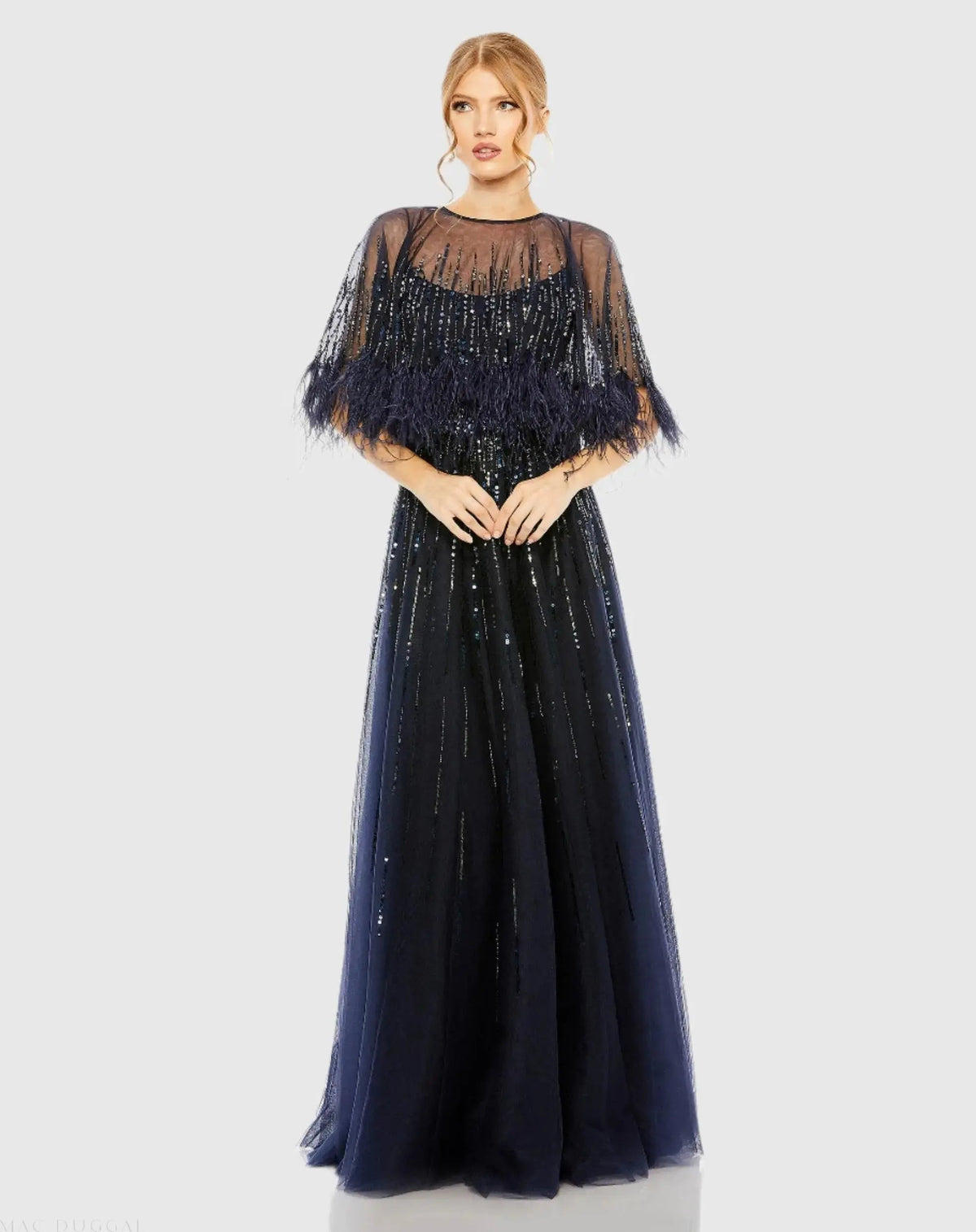 Navy Embellished A Line Gown with Feather Detail Cape