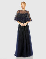 Navy Embellished A Line Gown with Feather Detail Cape