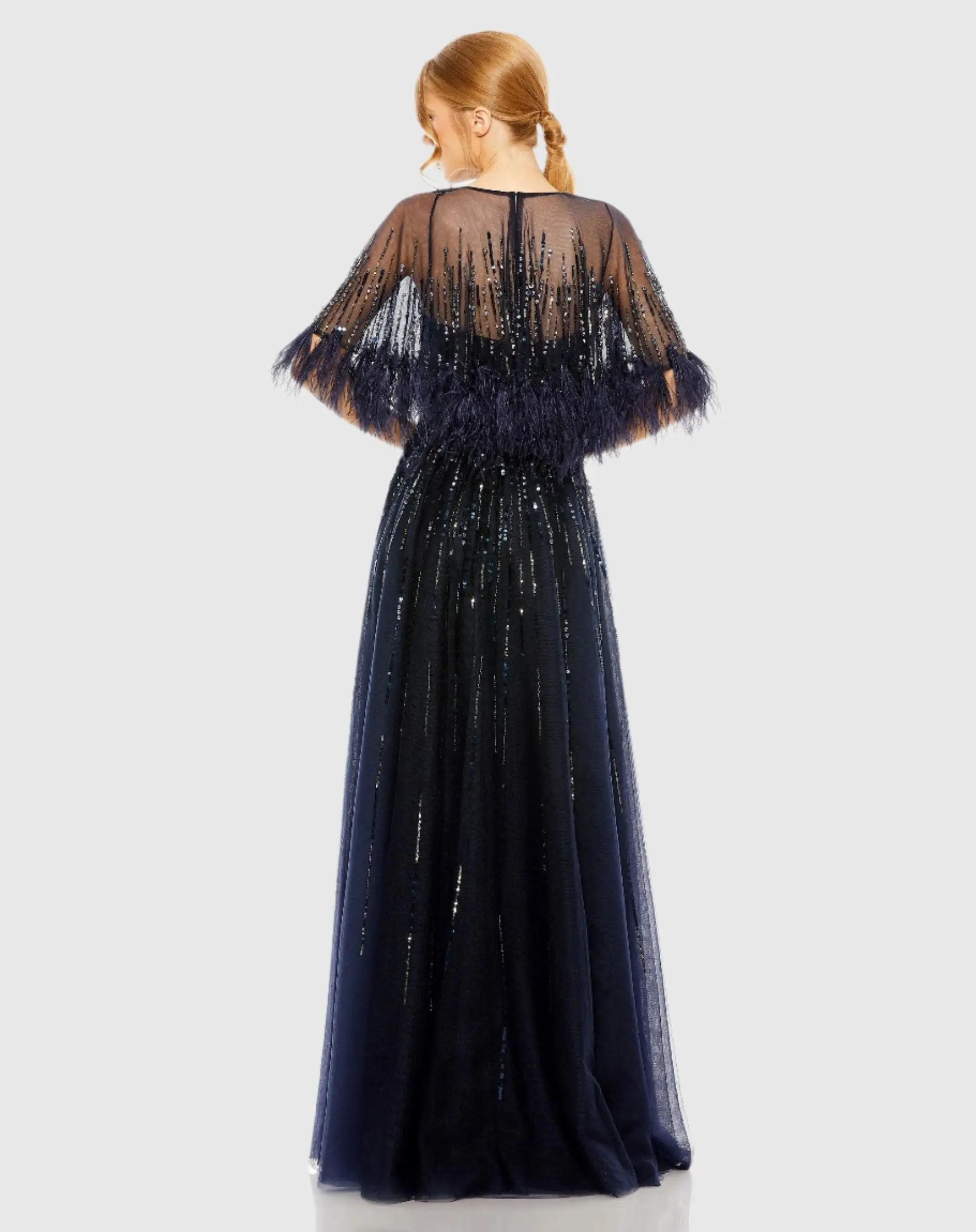 Navy Embellished A Line Gown with Feather Detail Cape