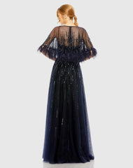 Navy Embellished A Line Gown with Feather Detail Cape