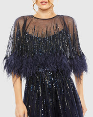 Navy Embellished A Line Gown with Feather Detail Cape