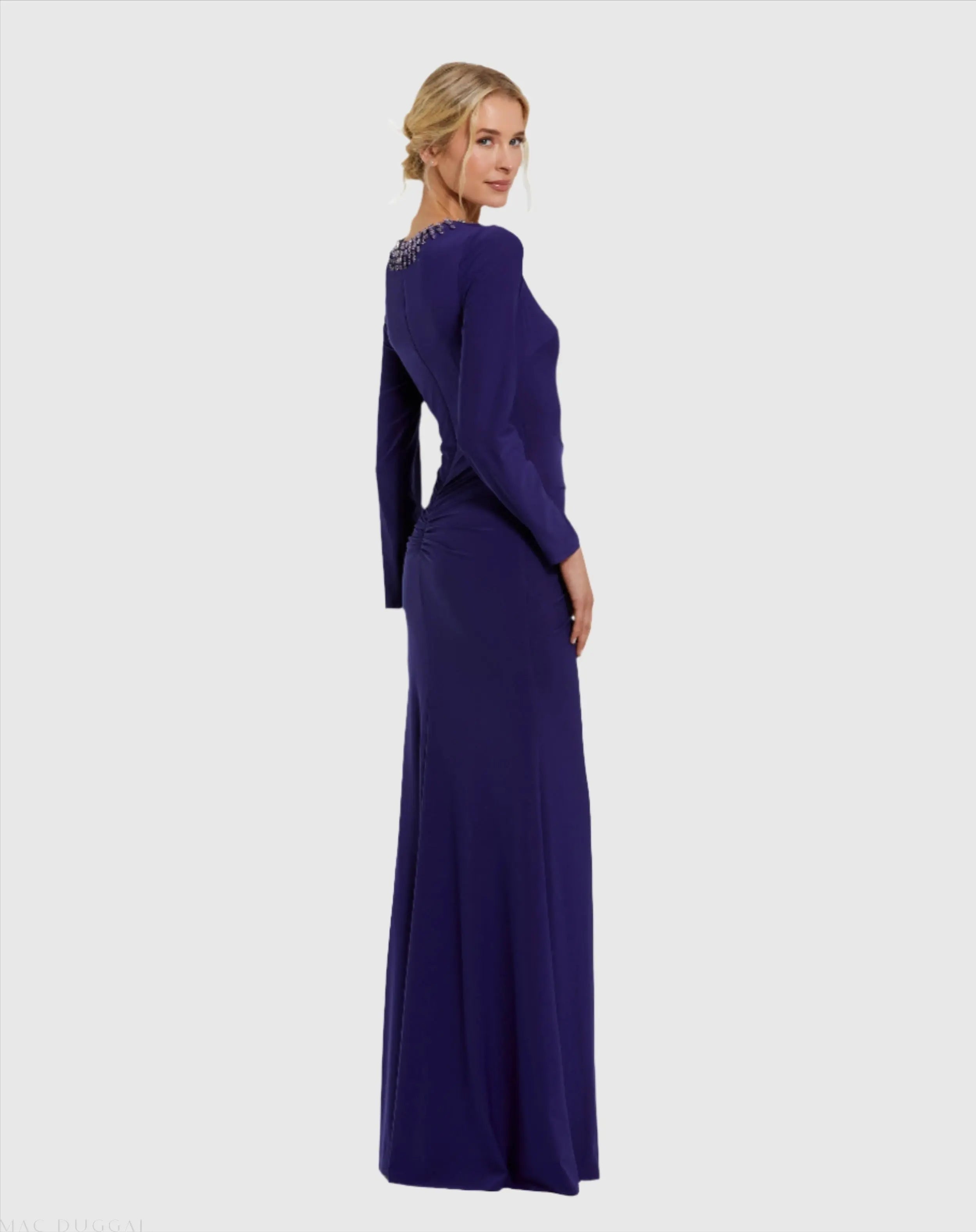 Purple Long Sleeve Jersey Ruched Gown With Beaded Neck