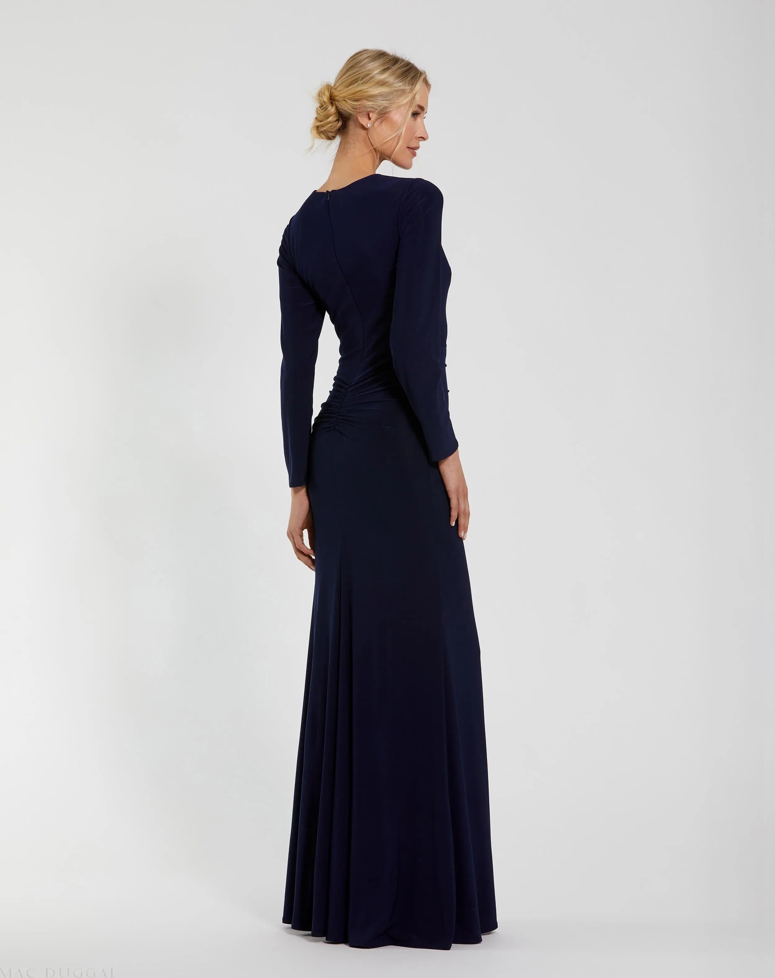 Navy Long Sleeve Fitted Jersey Gown With Ruched Waist