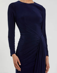 Navy Long Sleeve Fitted Jersey Gown With Ruched Waist