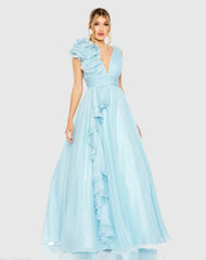 Light Blue Ruffle Shoulder V-Neck Chiffon Gown
