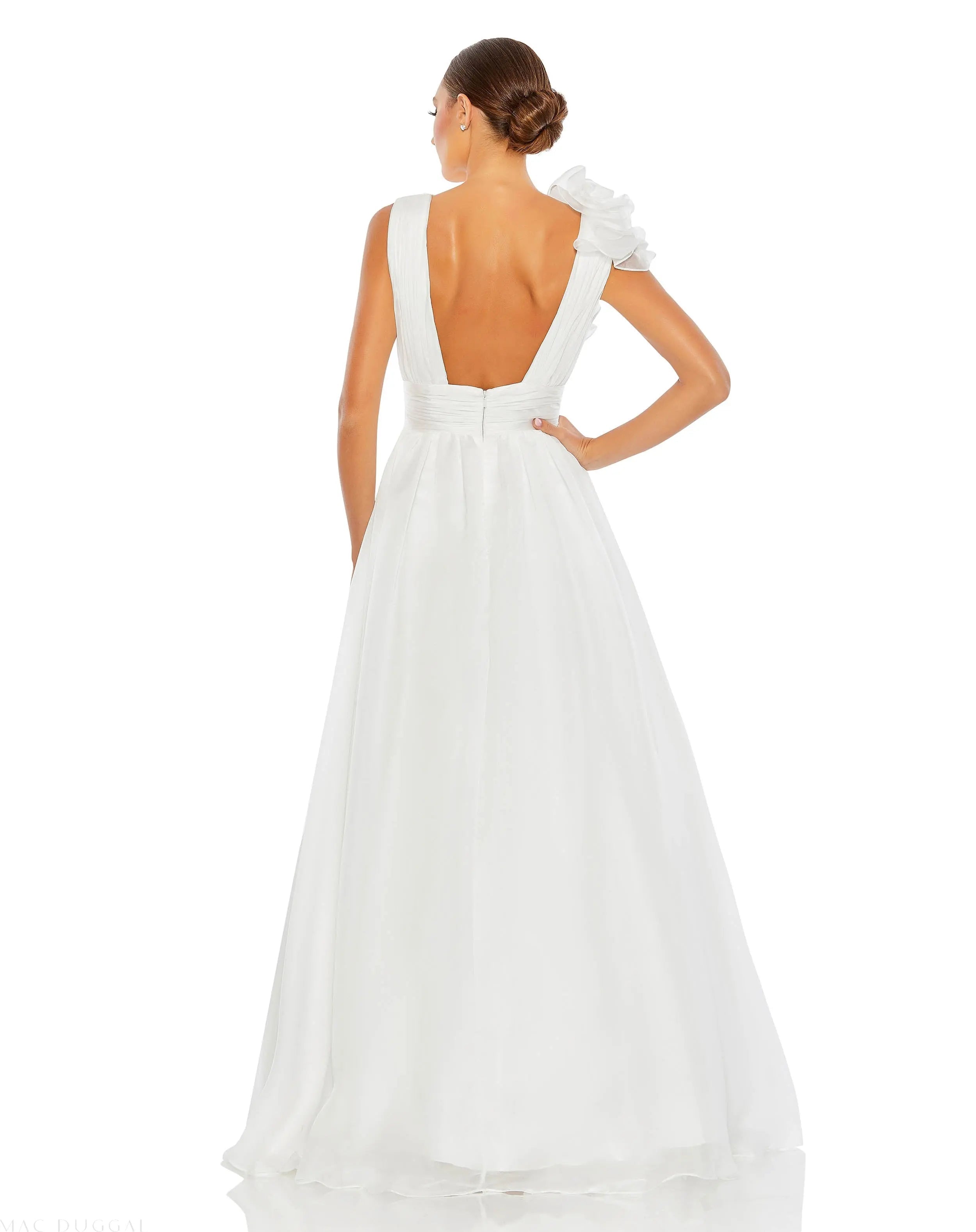 White Ruffle Shoulder V-Neck Chiffon Gown