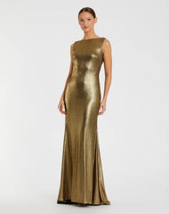 Metallic Jersey Cowl Back Column Gown