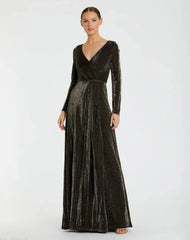 Black Long Sleeve Faux Wrap A Line Gown - FINAL SALE