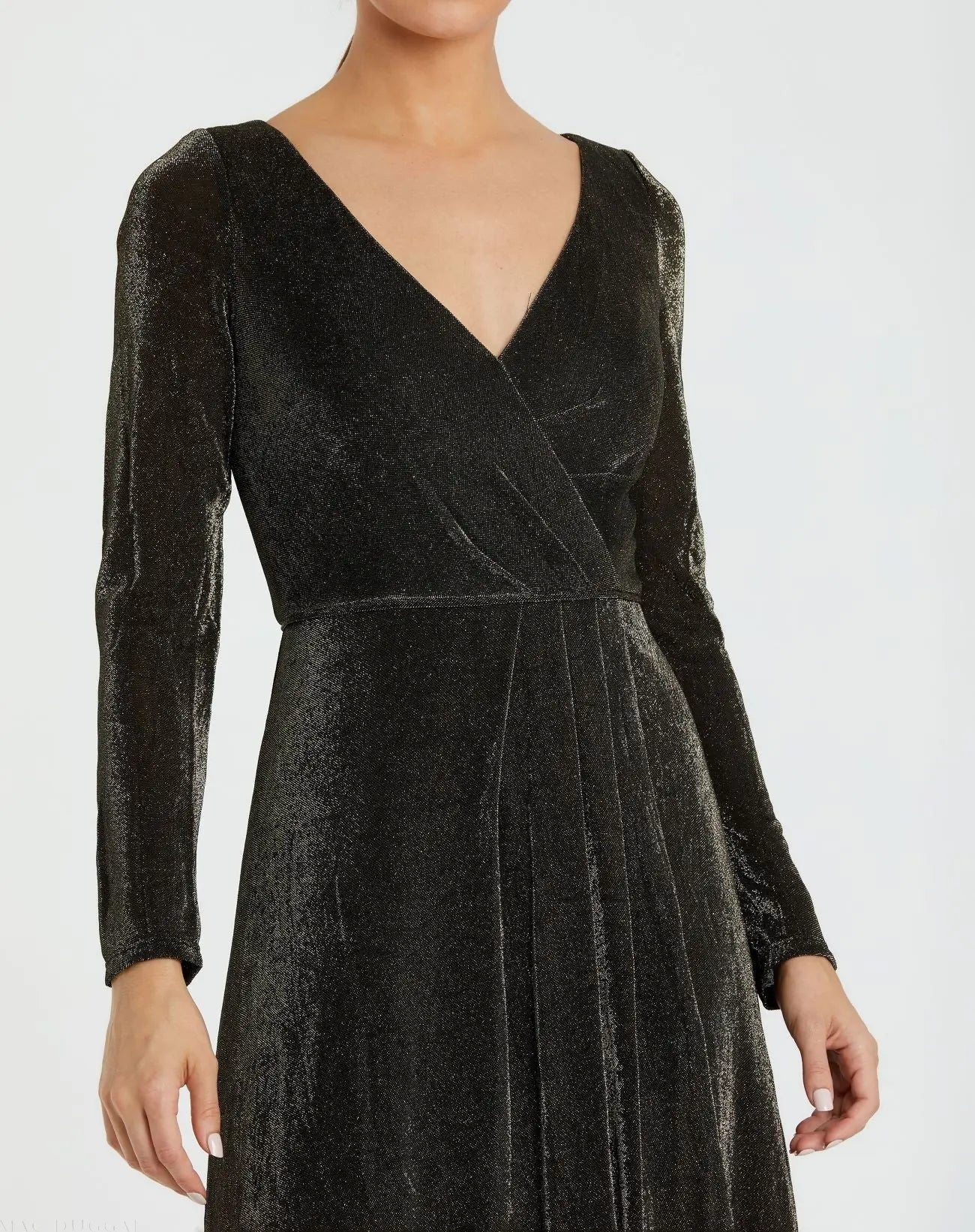 Black Long Sleeve Faux Wrap A Line Gown - FINAL SALE