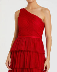 Red One Shoulder Layered Tiered Tulle Gown